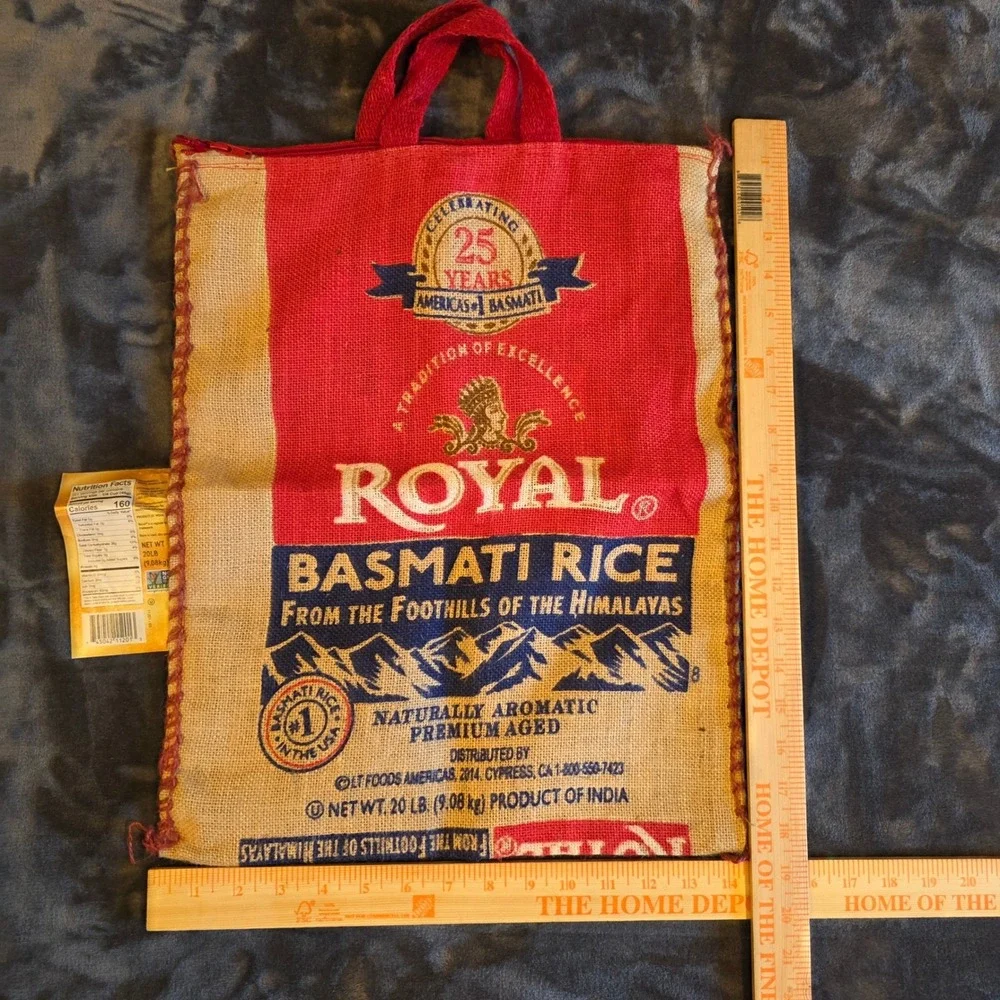 Royal Basmati Rice Burlap Tote Bag Zipper Top Jute Sack Reusable Grocery Shopper
